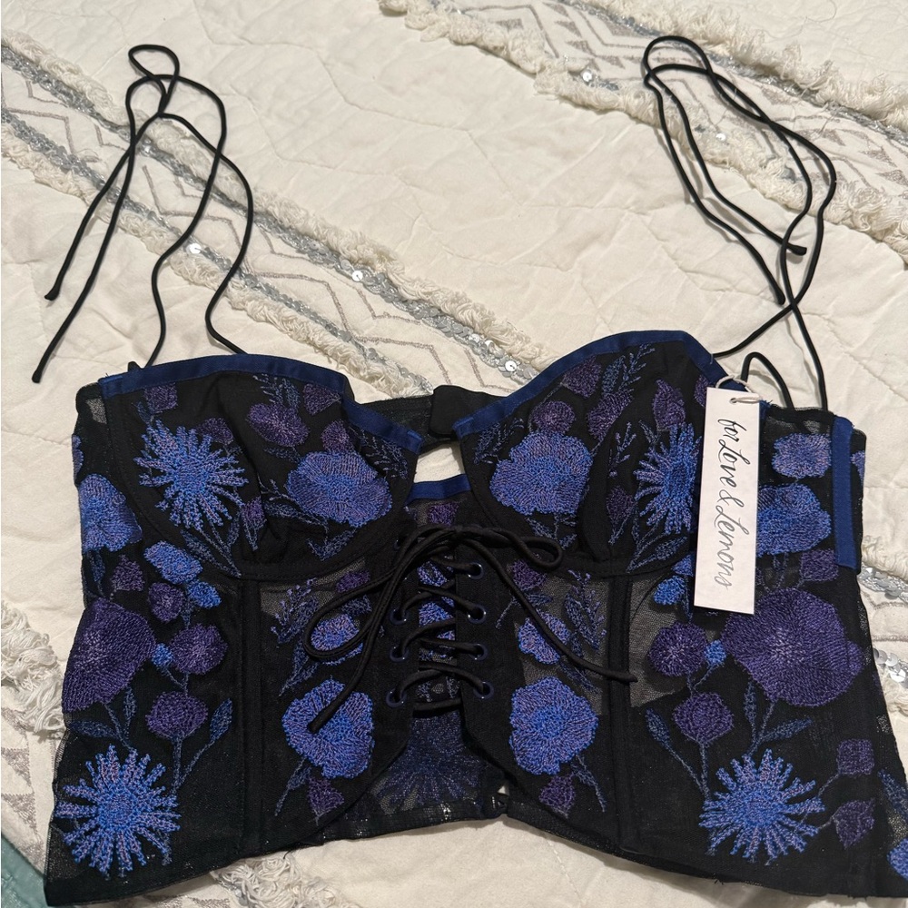 For Love & Lemons Black Corset Crop Top with Purple Floral Embroidery